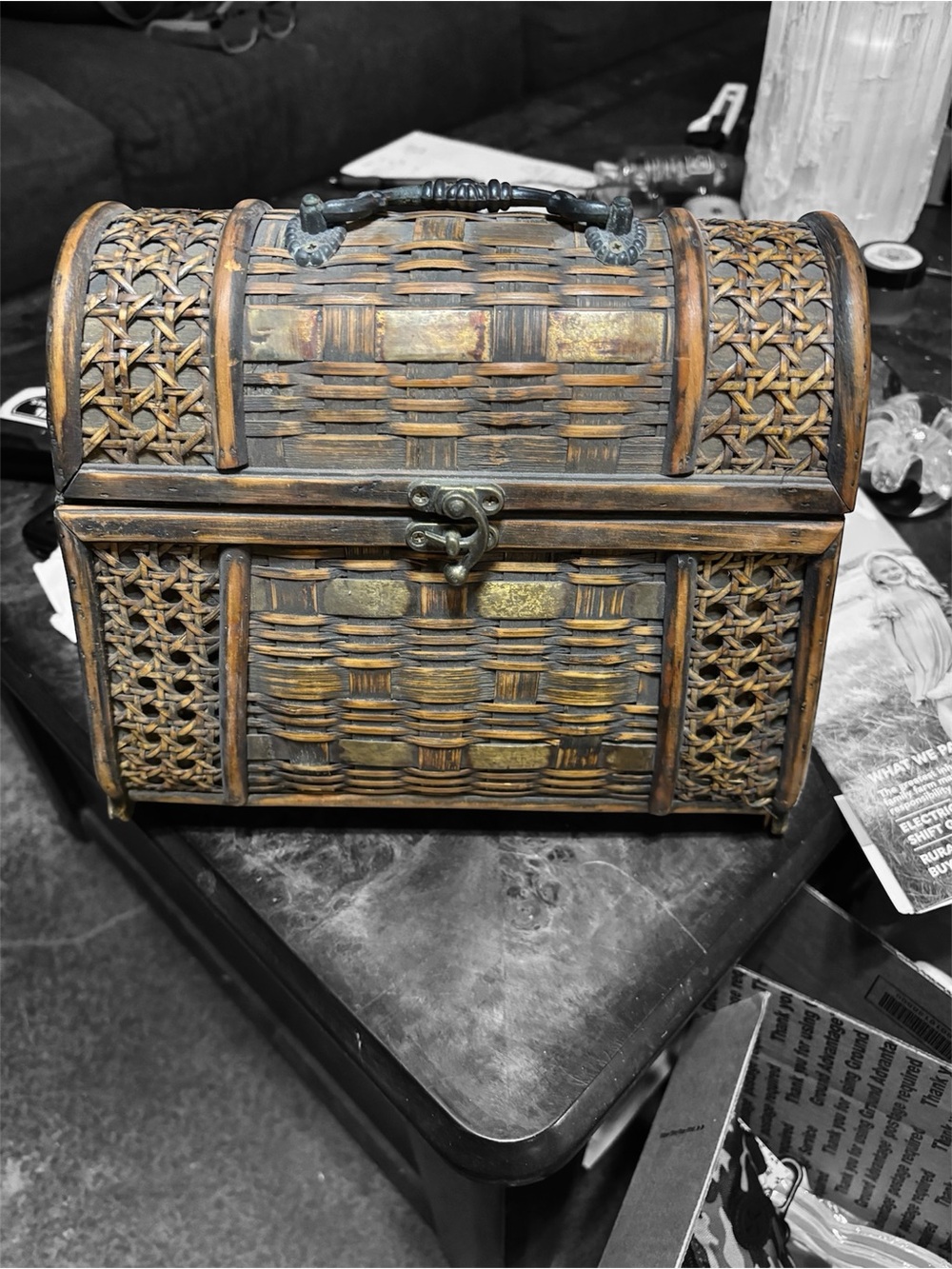 Vintage handwoven wicker rattan storage box.